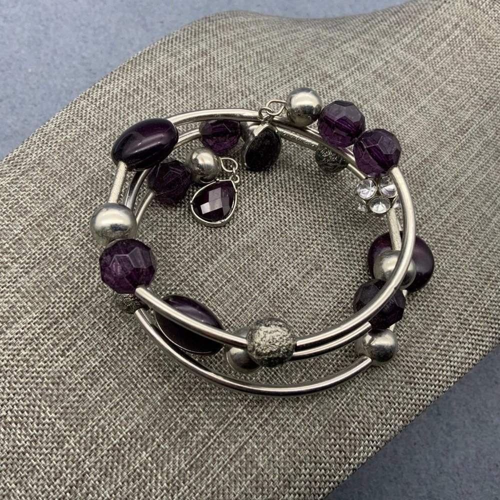 Purple Silver Memory Bracelet Wrap Tube Dangle Sparkly Faceted Rhinestone